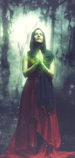 Woman in red dress standing in mystical forest.