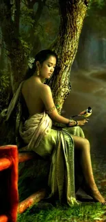 Elegant woman resting in a mystical forest setting.