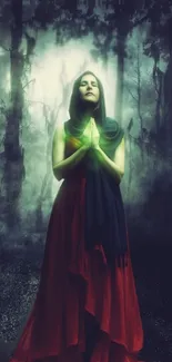 Woman in a mystic forest with a glowing aura and red dress.