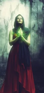 Woman in a mystical forest with a glowing green aura.