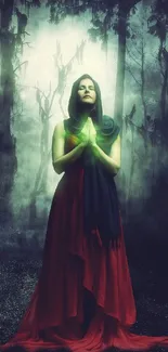 Mystical woman in red gown in a dark forest scene.