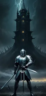 Knight stands before a mystical fortress under a stormy sky, with lightning illuminating the scene.