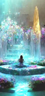 A mystical scene with a glowing fountain surrounded by vibrant flowers and ethereal lights.