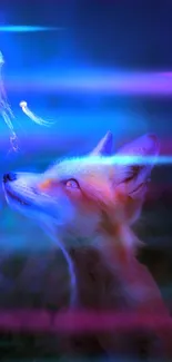 Fox mesmerized by glowing jellyfish in a mystical, dark blue setting.