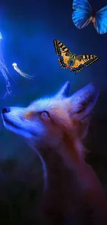 A mystical fox gazes at glowing butterflies and jellyfish under a dark, dreamy sky.