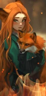 Mystical girl with long orange hair holding a fox in a digital artwork.