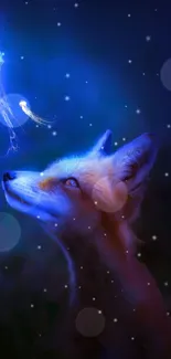 Fox gazes at glowing jellyfish in mystical blue night scene.