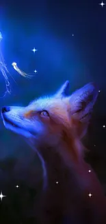 A fox gazes at a glowing jellyfish in a mystical, dark blue forest setting.