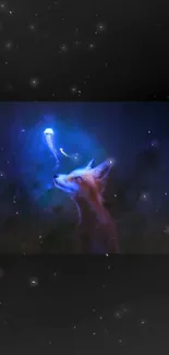 A fox looks at a glowing spirit in a dark, mystical forest setting.