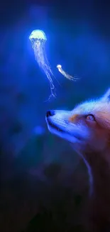 Fox gazing at glowing jellyfish in dark blue setting.