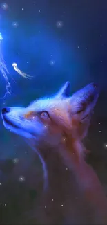 A mystical scene of a fox and glowing jellyfish in deep blue night hues.