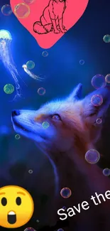 Mystical wallpaper of a fox and jellyfish under a dark blue starry sky.