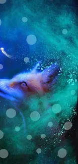 Mystical fox gazing at glowing jellyfish in a nebula.