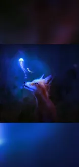 Fox gazing at a glowing jellyfish in a mystical, dark forest.