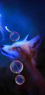 A mystical fox encounters a glowing jellyfish in a surreal blue forest.