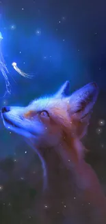 Mystical fox gazes at glowing jellyfish in dark forest wallpaper.