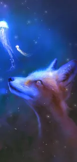 Mystical fox gazes at glowing jellyfish in dark blue forest.