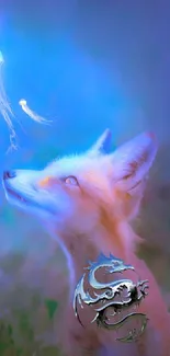 Mystical fox with glowing jellyfish in dreamy artwork.