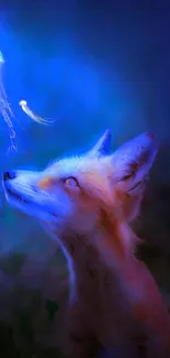 Mystical fox gazes at glowing jellyfish in blue tones.