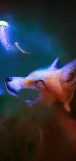 Fox gazing at glowing jellyfish in a mystical blue scene.