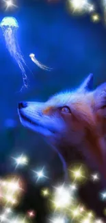 Fox gazing at glowing jellyfish with sparkling lights in a blue mystical scene.