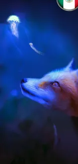 Fox gazing at a glowing jellyfish with a deep blue background.