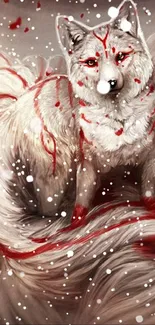 Mystical fox art with red and white tones on a mobile wallpaper.