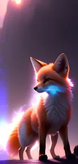 Mystical fox standing at sunset with glowing accents.