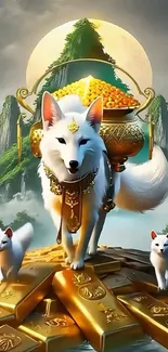 Majestic white fox with kits atop golden bars in fantasy setting.