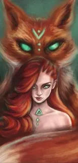 Fantasy art wallpaper with a mystical fox and red-haired woman.