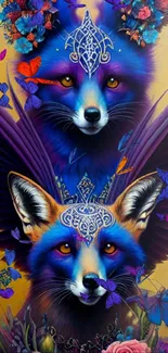 Mystical foxes with vibrant colors and intricate designs in fantasy art wallpaper.