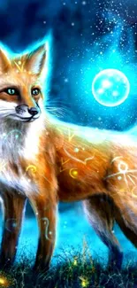 Artistic fox with glowing tails in a mystical, fantasy setting.