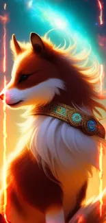 Mystical fox with golden collar in a glowing celestial background.