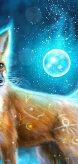 Mystical fox with glowing teal aura in a fantasy landscape wallpaper.