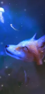 Mystical fox gazing at a jellyfish under a starry night sky.