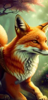 Mystical fox in enchanting green forest wallpaper.