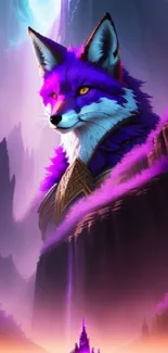 Mystical purple fox in a fantasy valley.