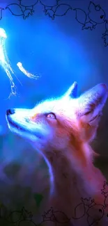 Mystical fox with neon blue glow and jellyfish.