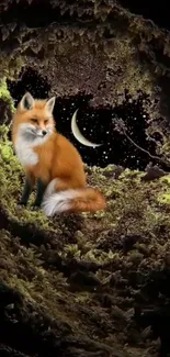 A mystical fox sits in a lush woodland with a crescent moon in the background.