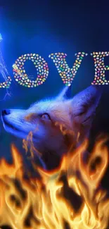 Mystical fox under blue glow with love in flames.