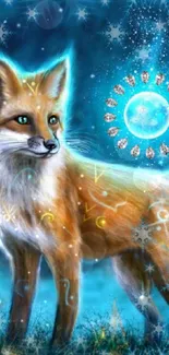 Mystical fox in moonlit night with celestial motifs.