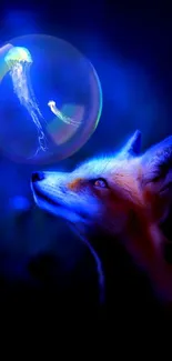 A mystical fox illuminated by a blue glow in a fantastical night scene.