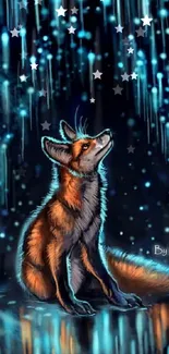 Mystical fox under a starry night sky in a digital art wallpaper.