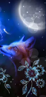 Mystical fox under moonlit night with jellyfish and blue flowers.