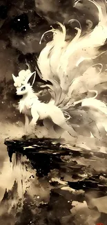 Black and white fox on a cliff artwork in digital fantasy style.