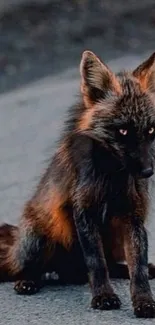 Black fox sitting on a road, mystical and captivating.