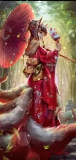 A mystical fox spirit in crimson attire amidst a vibrant fantasy forest.