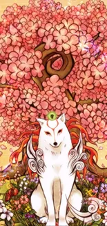 A mystical fox sits under a cherry blossom tree, surrounded by vibrant flora.