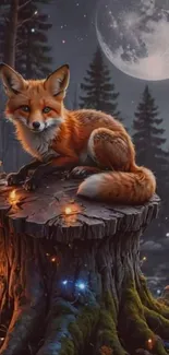 Fox sitting on tree stump under moonlight in serene forest setting.
