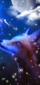 Mystical fox gazing at glowing jellyfish under a starry blue night sky.